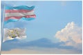large Transgender Pride flag and flag of Rhode Island state, USA waving in wind at cloudy sky. Freedom and love concept. Pride