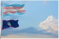 large Transgender Pride flag and flag of Guam state, USA waving in wind at cloudy sky. Freedom and love concept. Pride month.
