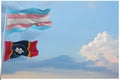 large Transgender Pride flag and flag of Mississippi state, USA waving in wind at cloudy sky. Freedom and love concept. Pride