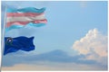 large Transgender Pride flag and flag of Nevada state, USA waving in wind at cloudy sky. Freedom and love concept. Pride month.