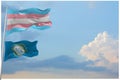 large Transgender Pride flag and flag of South Dakota state, USA waving in wind at cloudy sky. Freedom and love concept. Pride