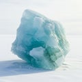 A large, translucent blue ice formation sits on a snow-covered landscape, likely in a Royalty Free Stock Photo