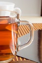 Large transparent glass mug with tea close up