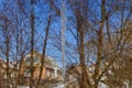 A large transparent icicle on nature against a background of tree branches and a blue sky Royalty Free Stock Photo