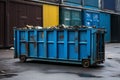 A large, transport worthy iron container, the blue dumpster for managing waste