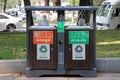 Large trash that separates between general waste and recyclable waste with used batteries