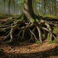 A large tree with extensively exposed roots dominates a forest Royalty Free Stock Photo