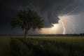 large tree in a field, under a stormy sky with lightning in the background, taken at night, ai generative Royalty Free Stock Photo
