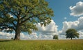 A large tree is in the foreground of a field with two smaller trees in the background. The sky is blue and cloudy. Royalty Free Stock Photo