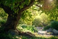 A large tree is in the foreground of a lush green field with Generative AI Royalty Free Stock Photo