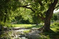 A large tree is in the foreground of a lush green field with Generative AI Royalty Free Stock Photo