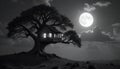A large tree with a house built into its branches, surrounded by clouds in a night sky with a glowing moon Royalty Free Stock Photo