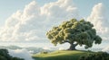Large tree sits on green hill. Clouds float across the blue sky. Mist drifts in valley with green trees. Royalty Free Stock Photo
