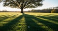 A large tree stands prominently in a sunlit field, casting long, distinct shadows on the Royalty Free Stock Photo