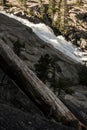 Large Tree Trunk Hangs Over The Edge Of Granite Cliff With Waterwheel Falls In The Distance Royalty Free Stock Photo