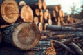 Large tree trunks wood logs piled outside paper mill, waiting for processing and production Royalty Free Stock Photo
