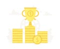 Large trophy on gold coins podium. Business presentation investment, success, opportunities on white background.
