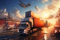 A large truck drives down a bustling street surrounded by other vehicles, Transportation logistics, AI Generated