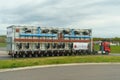 A large truck is driving along the highway.