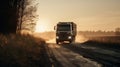 Large truck driving down a country road at sunset