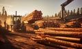 Large Truck Driving Through a Forest of Stacked Timber