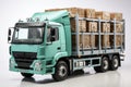 A large truck loaded with cargo shipments. White isolated