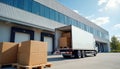 Large truck loads boxes at warehouse loading dock. Parcels stacked on pallets await transport. Goods move efficiently from Royalty Free Stock Photo