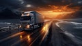 A large truck with a trailer is driving along the highway along a mountain lake against the sunset background. Generated by AI