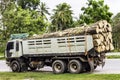 Large truck transporting wood. Wagons laden with wood of logs to the log yard at a lumber processing mill that specializes. Royalty Free Stock Photo