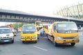 Large trucks ready for shipment of cars, in the car after the exhibition