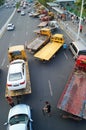 Large trucks ready for shipment of cars, in the car after the exhibition