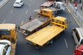 Large trucks ready for shipment of cars, in the car after the exhibition