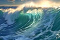 Large tube wave in the ocean at sunset or dawn. Waves middle of the ocean crashing in a cross current. Generative AI