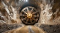 A large tunnel boring machine stands in a damp, excavated tunnel, showcasing advanced engineering in underground construction Royalty Free Stock Photo