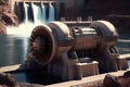 Large turbines spin to create electricity in the powerplant at Hoover Dam