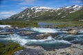 Large turquoise River landscape and mountainous valley in Padjelanta