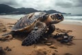 A large turtle drags itself onto a beach created with generative AI technology