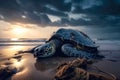 A large turtle drags itself onto a beach created with generative AI technology