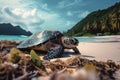 A large turtle drags itself onto a beach created with generative AI technology