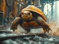 Large turtle is walking on the rails. Concept of speed progress and overcoming difficulties