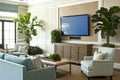 Large tv display monitor in foyer, lobby, office hall. Coastal style interior. Generative AI Royalty Free Stock Photo