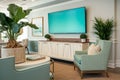 Large tv display monitor in foyer, lobby, office hall. Coastal style interior. Generative AI Royalty Free Stock Photo