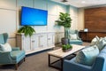 Large tv display monitor in foyer, lobby, office hall. Coastal style interior. Generative AI Royalty Free Stock Photo