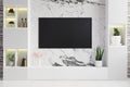 Large TV on the marble wall in the living room, decorated with a modern TV cabinet, potted plants on the shelves, and a brick wall Royalty Free Stock Photo