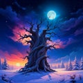 A large twisted tree with bare branches stands in a snowy landscape under a full moon, the sky is filled with colourful clouds and Royalty Free Stock Photo
