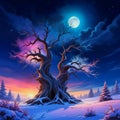 A large twisted tree with bare branches stands in a snowy landscape under a full moon, the sky is filled with colourful clouds and Royalty Free Stock Photo