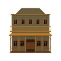 Two-storey western house with wood swinging doors, porch and balcony. Old wooden building. Flat vector design