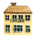 Large two-story house with a balcony. watercolor illustration