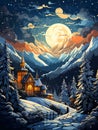 A Painting Of A House In A Snowy Mountain Landscape Royalty Free Stock Photo