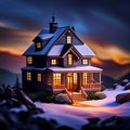 A large,two-story house in winter landscape illuminate by stars Royalty Free Stock Photo